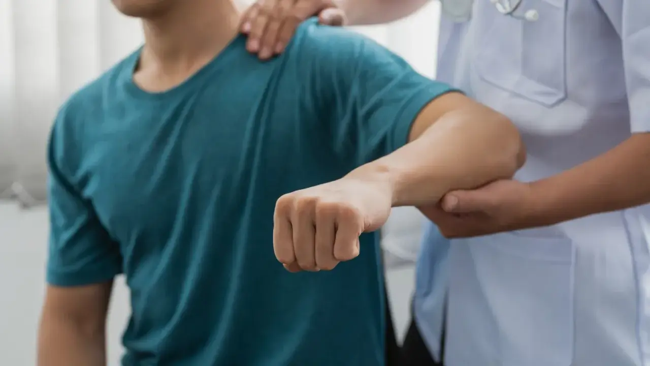 Läkare undersöker en patients arm, möjligen för att diagnostisera spricka i armbågen symtom.