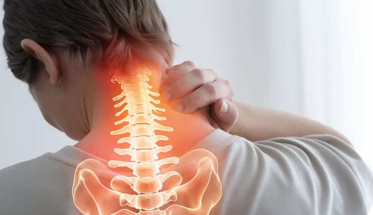 Person med ont i nacken efter fall. Ryggraden lyser rött där smärtan sitter.