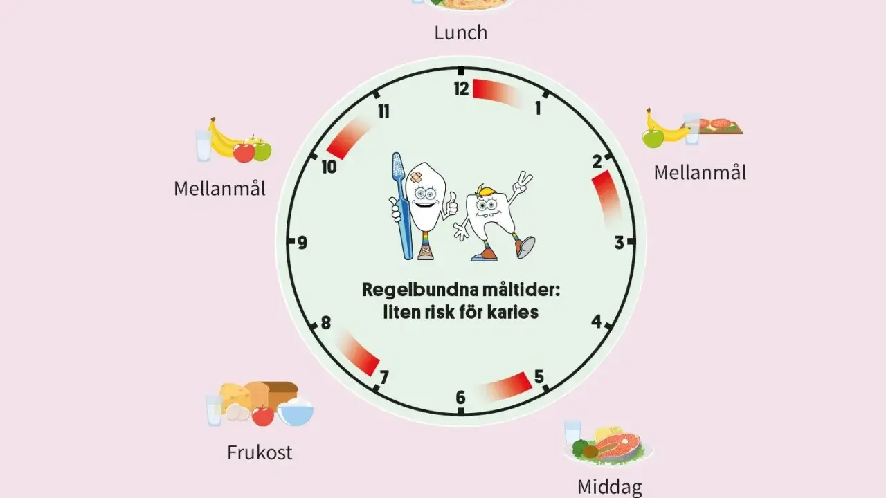 En klocka visar måltider och mellanmål för att främja profylax tandvård. Regelbundna måltider minskar kariesrisk.