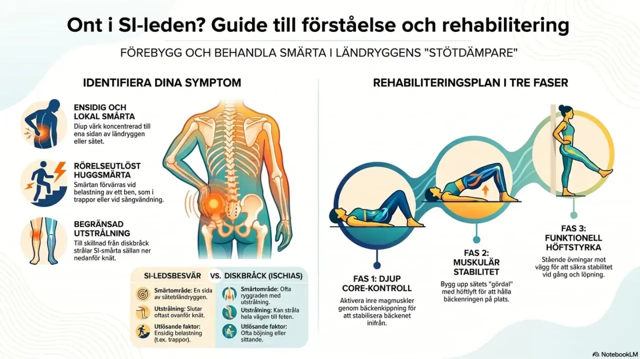 Guide för att förstå och rehabilitera ont i SI-leden. Identifiera symtom och följ en tre-fasig plan för att minska smärta och öka stabilitet, vilket kan minska behovet av sjukskrivning.