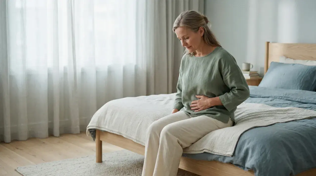 Kvinna med handen på magen sitter på sängkanten, kanske upplever hon biverkningar av en prolapsring.