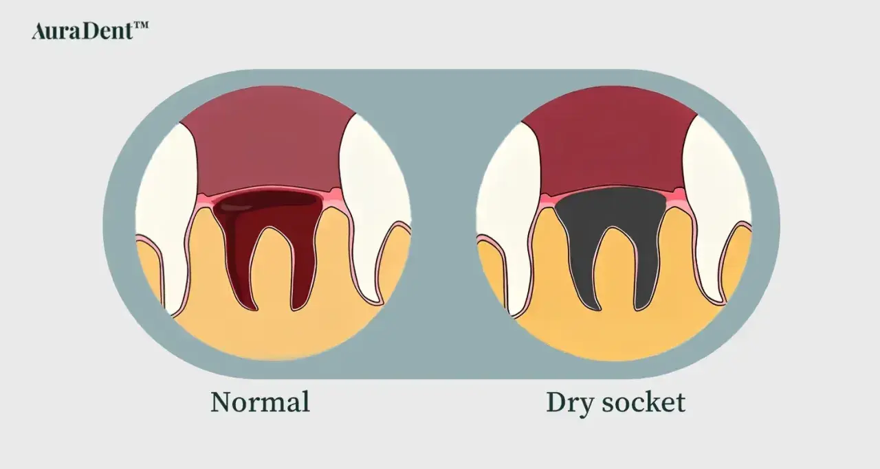 Illustration visar normal tandutdragning med blodkoagel och en alveol med en torr håla, där tandbenet är synligt och mörkt.