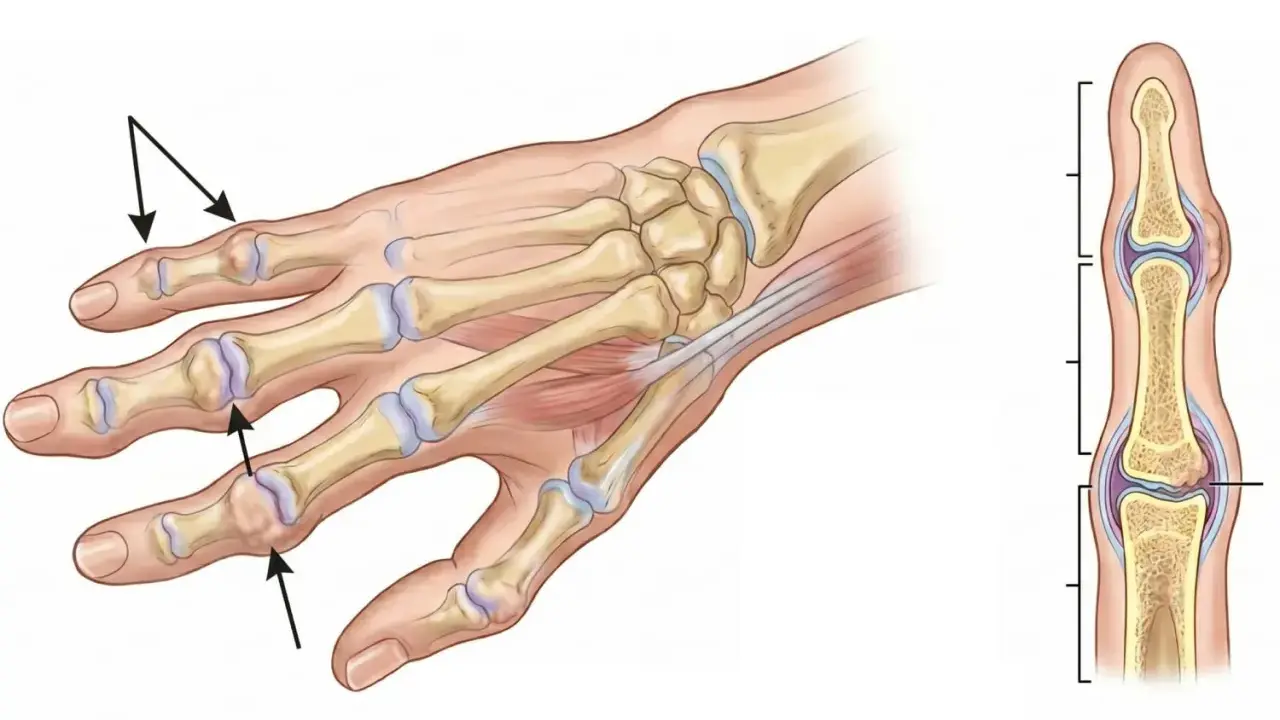 Illustration av handens skelett med tydliga bouchards knutor vid fingerlederna.