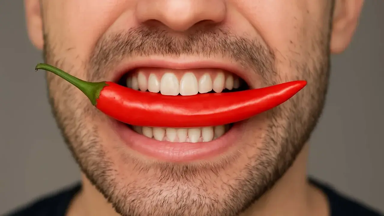 En man biter i en röd chilipeppar, det svider i munnen.