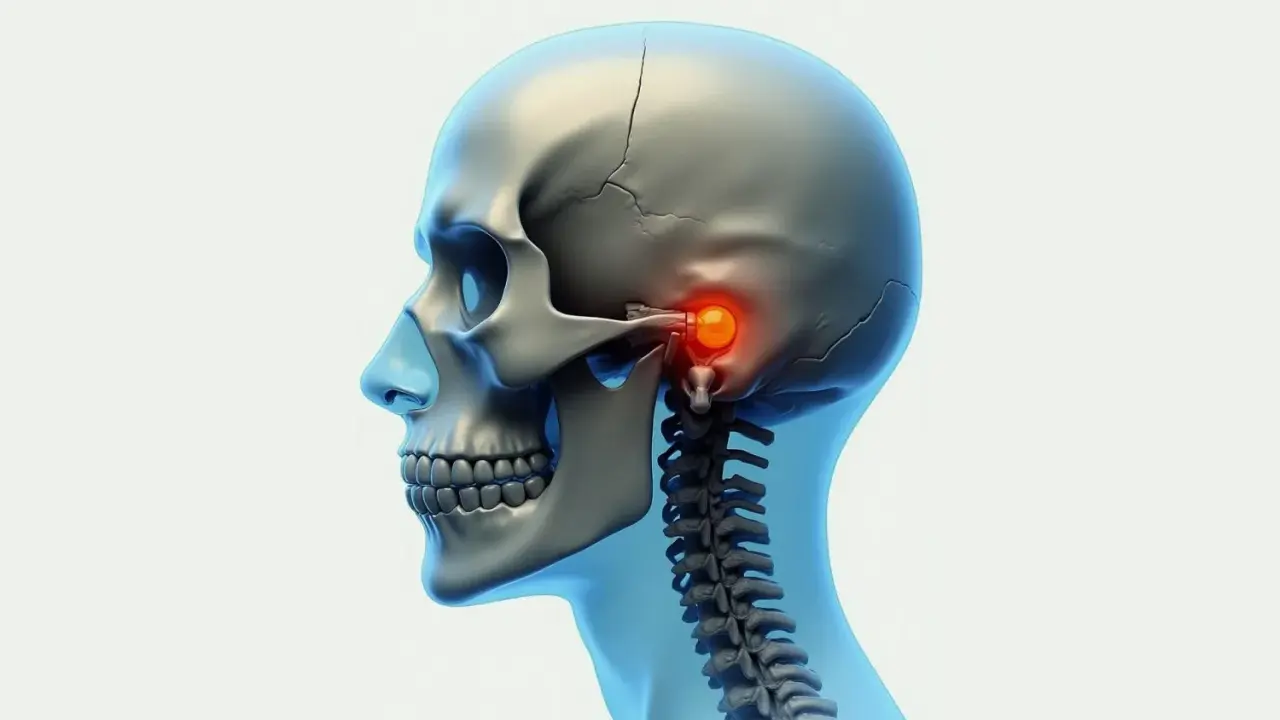Detaljerad vy av ett mänskligt kranium och halsrygg, med fokus på käkleden där tuberculum articulare lyser rött, vilket indikerar en potentiell smärtpunkt.