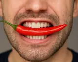 En man biter i en röd chilipeppar, det svider i munnen.