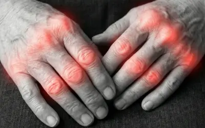 Händer med röda, inflammerade leder som visar symtom på artros fingrar.