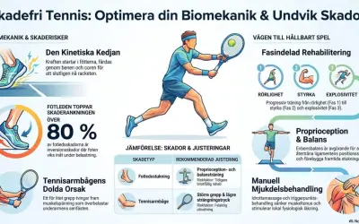 Illustration visar tennisspelare, skadeförebyggande tips och rehabilitering. Tennisarmbåge kan leda till sjukskrivning, men rätt grepp och utrustning hjälper.