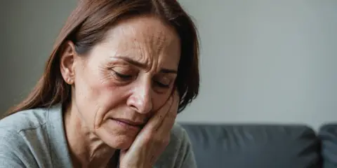 Kvinna med handen mot kinden, rynkor i pannan, ögonen slutna. Hon verkar ha ont, kanske relaterat till tmd behandling.