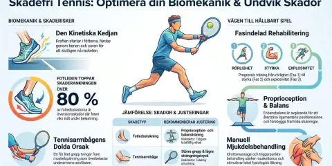 Illustration visar tennisspelare, skadeförebyggande tips och rehabilitering. Tennisarmbåge kan leda till sjukskrivning, men rätt grepp och utrustning hjälper.