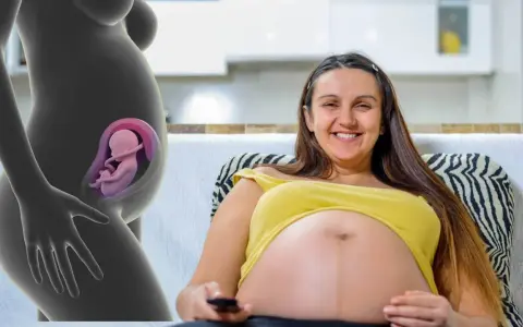 En gravid kvinna ler och håller i fjärrkontrollen. Till vänster syns en illustration av en livmoder med en bebis position i magen.