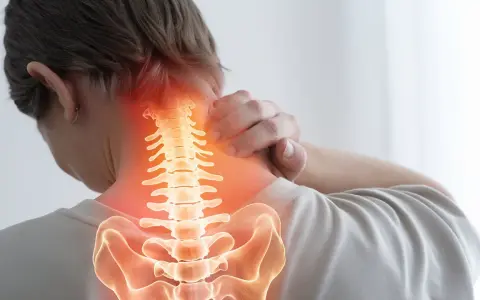 Person med ont i nacken efter fall. Ryggraden lyser rött där smärtan sitter.
