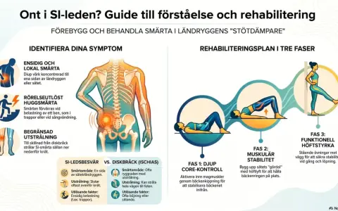 Guide för att förstå och rehabilitera ont i SI-leden. Identifiera symtom och följ en tre-fasig plan för att minska smärta och öka stabilitet, vilket kan minska behovet av sjukskrivning.