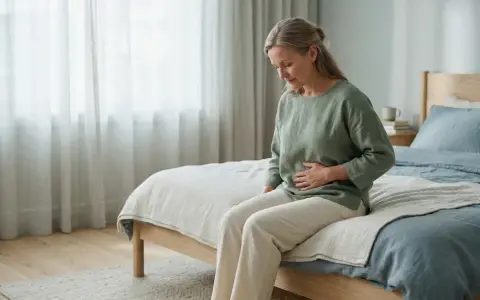 Kvinna med handen på magen sitter på sängkanten, kanske upplever hon biverkningar av en prolapsring.