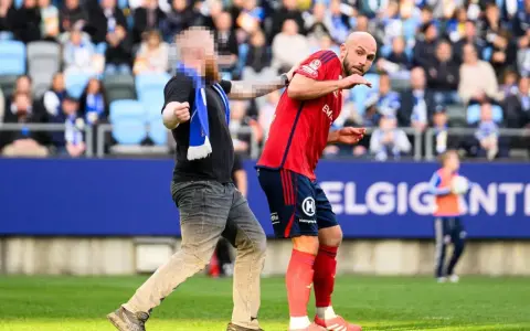 En åskådare ger en fotbollsspelare ett hårt slag mot hakan på planen.