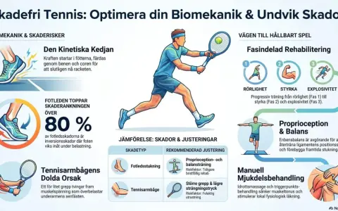Illustration visar tennisspelare, skadeförebyggande tips och rehabilitering. Tennisarmbåge kan leda till sjukskrivning, men rätt grepp och utrustning hjälper.