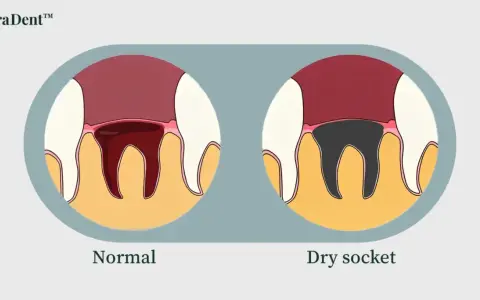 Illustration visar normal tandutdragning med blodkoagel och en alveol med en torr håla, där tandbenet är synligt och mörkt.