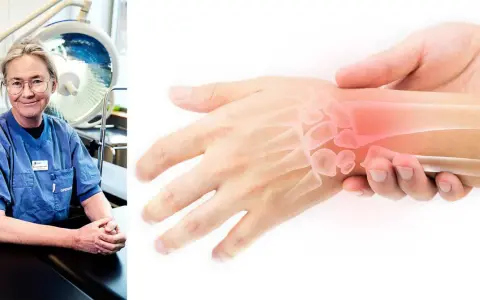 Läkare undersöker en stukad handled utan svullnad, med en illustration av benen som visar smärtområdet.