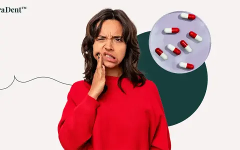 Kvinna med tandvärk håller handen mot kinden, bredvid en skål med kapslar som kan symbolisera tandinfektion och antibiotika.