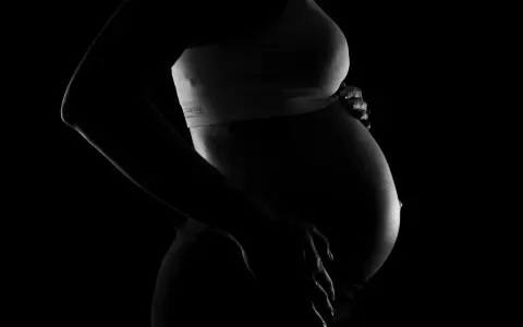 Silhuett av en gravid kvinna som håller sin mage. En bakåtlutad livmoder är tydligt synlig under den sträckta huden.