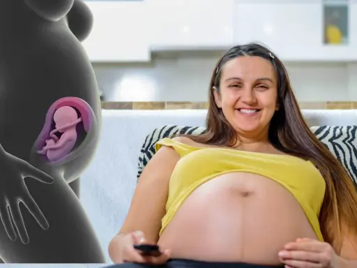 En gravid kvinna ler och håller i fjärrkontrollen. Till vänster syns en illustration av en livmoder med en bebis position i magen.