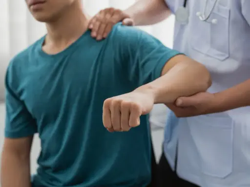 Läkare undersöker en patients arm, möjligen för att diagnostisera spricka i armbågen symtom.