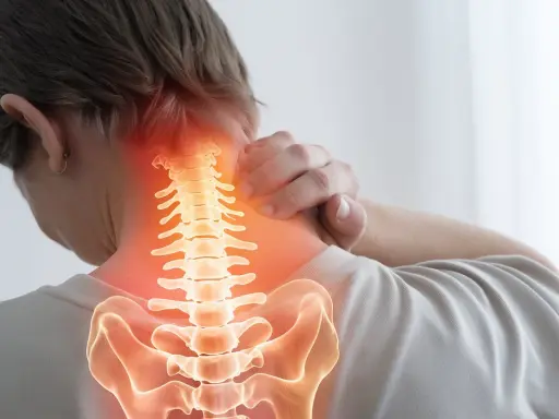 Person med ont i nacken efter fall. Ryggraden lyser rött där smärtan sitter.