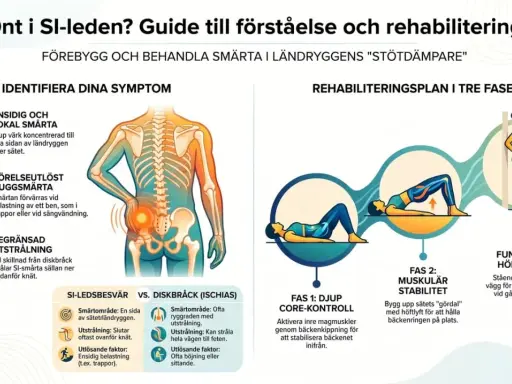 Guide för att förstå och rehabilitera ont i SI-leden. Identifiera symtom och följ en tre-fasig plan för att minska smärta och öka stabilitet, vilket kan minska behovet av sjukskrivning.