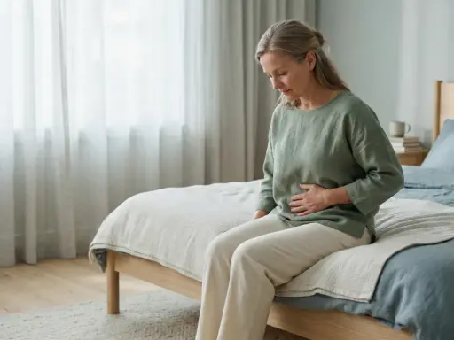 Kvinna med handen på magen sitter på sängkanten, kanske upplever hon biverkningar av en prolapsring.