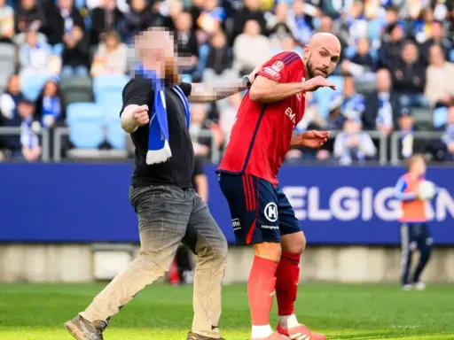 En åskådare ger en fotbollsspelare ett hårt slag mot hakan på planen.