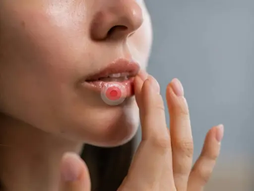 Närbild på läppar med ett plåster för herpes. En hand rör vid läppen.