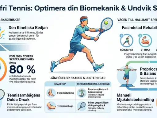 Illustration visar tennisspelare, skadeförebyggande tips och rehabilitering. Tennisarmbåge kan leda till sjukskrivning, men rätt grepp och utrustning hjälper.