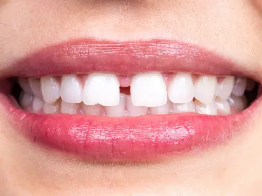 Närbild på en mun med ett tydligt diastema mediale mellan framtänderna. Läpparna är glansiga och rosa.