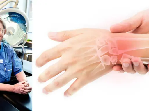 Läkare undersöker en stukad handled utan svullnad, med en illustration av benen som visar smärtområdet.