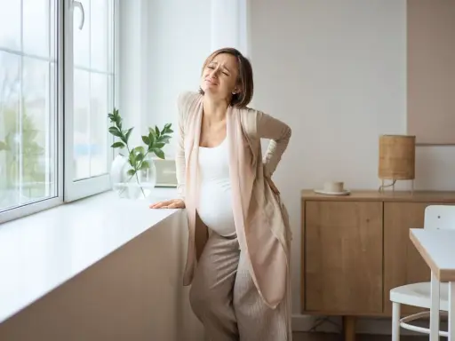Gravid kvinna med ont i svanskotan lutar sig mot ett fönster. Hon håller handen på ryggen och grimaserar av smärta.