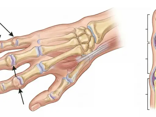 Illustration av handens skelett med tydliga bouchards knutor vid fingerlederna.