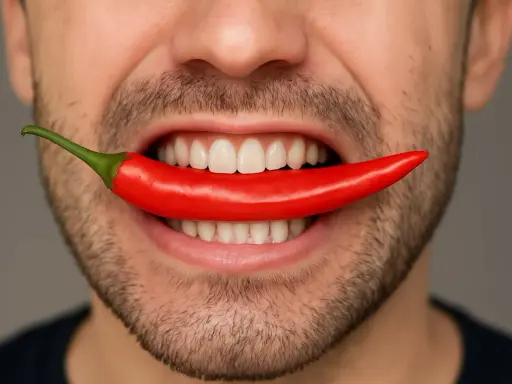 En man biter i en röd chilipeppar, det svider i munnen.
