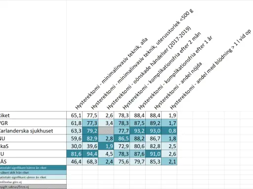 Tabell visar data om hysterektomi, inklusive komplikationer och nöjdhet, med fokus på hormonrubbning efter hysterektomi.