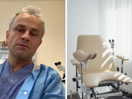 Manlig gynekolog i blå skyddsrock framför gynekologstol.