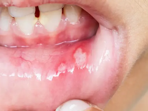 Munnen visar sår som kan vara afte eller herpes. De är röda och inflammerade.