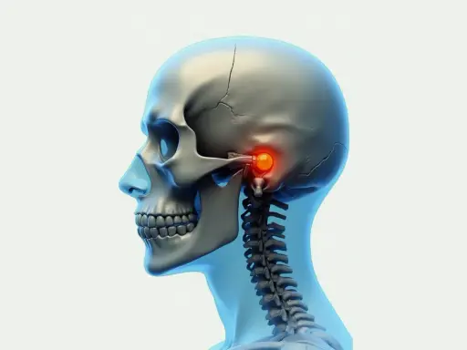 Detaljerad vy av ett mänskligt kranium och halsrygg, med fokus på käkleden där tuberculum articulare lyser rött, vilket indikerar en potentiell smärtpunkt.