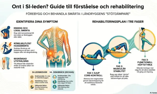 Guide för att förstå och rehabilitera ont i SI-leden. Identifiera symtom och följ en tre-fasig plan för att minska smärta och öka stabilitet, vilket kan minska behovet av sjukskrivning.