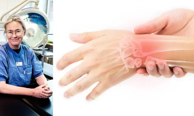 Läkare undersöker en stukad handled utan svullnad, med en illustration av benen som visar smärtområdet.