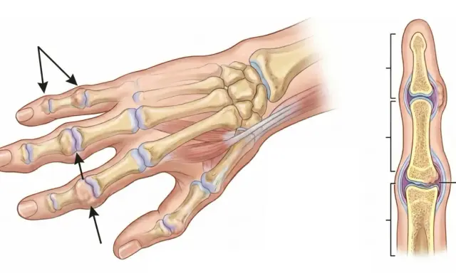 Illustration av handens skelett med tydliga bouchards knutor vid fingerlederna.
