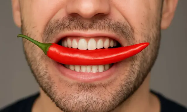 En man biter i en röd chilipeppar, det svider i munnen.