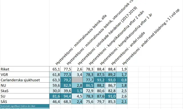 Tabell visar data om hysterektomi, inklusive komplikationer och nöjdhet, med fokus på hormonrubbning efter hysterektomi.