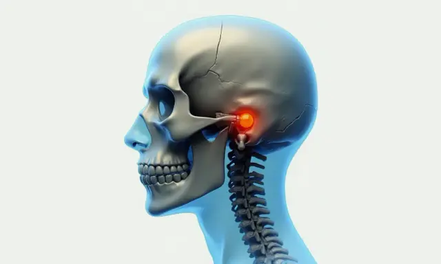 Detaljerad vy av ett mänskligt kranium och halsrygg, med fokus på käkleden där tuberculum articulare lyser rött, vilket indikerar en potentiell smärtpunkt.