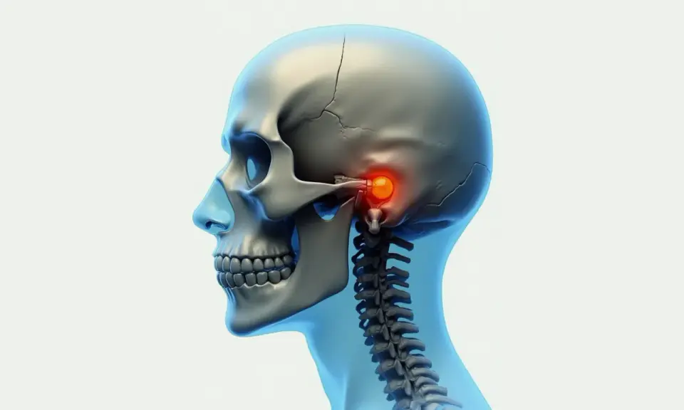 Detaljerad vy av ett mänskligt kranium och halsrygg, med fokus på käkleden där tuberculum articulare lyser rött, vilket indikerar en potentiell smärtpunkt.