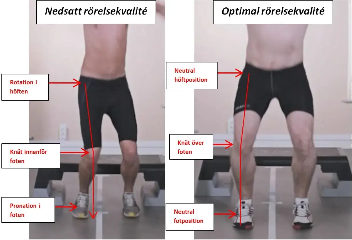 J&auml;mf&ouml;relse av r&ouml;relsekvalitet: Nedsatt med rotation i h&ouml;ften, kn&auml; in&aring;t och pronation, j&auml;mf&ouml;rt med optimal med neutral h&ouml;ft, kn&auml; &ouml;ver fot och neutral fotposition. Kan indikera en acl skada.