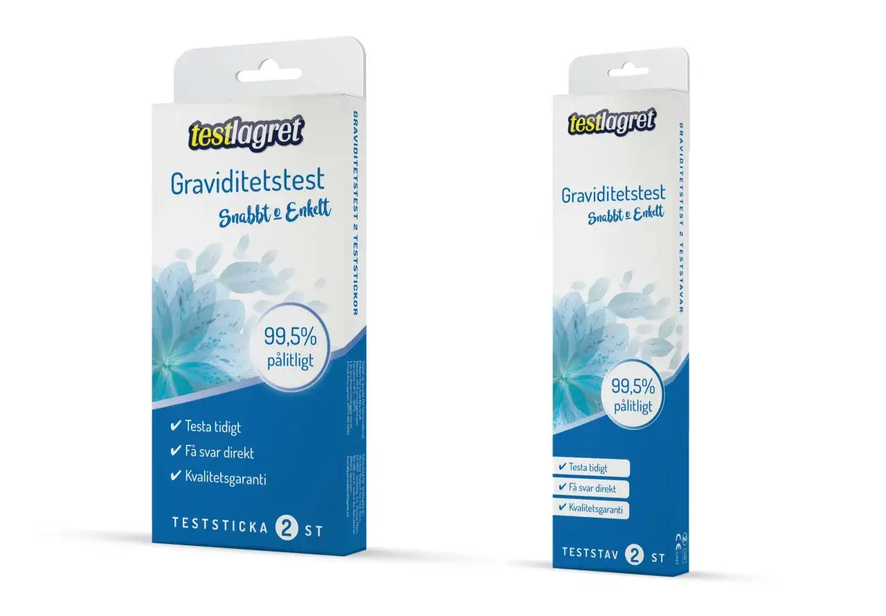 Tv&aring; f&ouml;rpackningar med graviditetstest fr&aring;n Testlagret. Tydlig text om 99,5% p&aring;litlighet och att det &auml;r ett snabbt och enkelt graviditetstest.